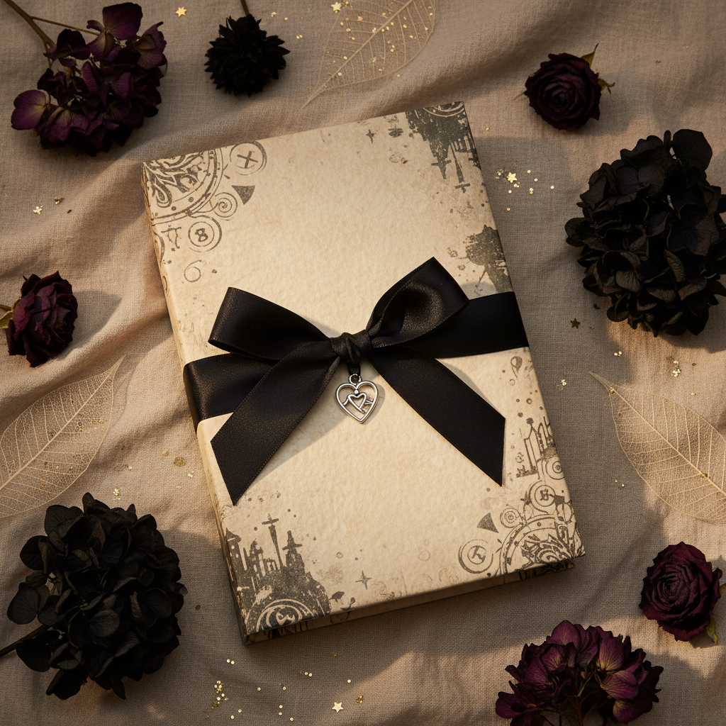 Wrapped mystery book with black ribbon - Dark Mystery